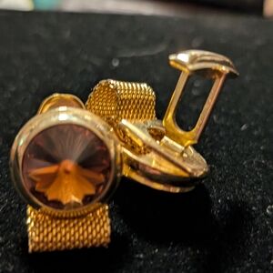 Gold Mesh Cufflinks with Brown Stone
